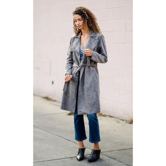 BlankNYC Trench Coat Gray Faux Suede Belted Open Front - Picture 1 of 10